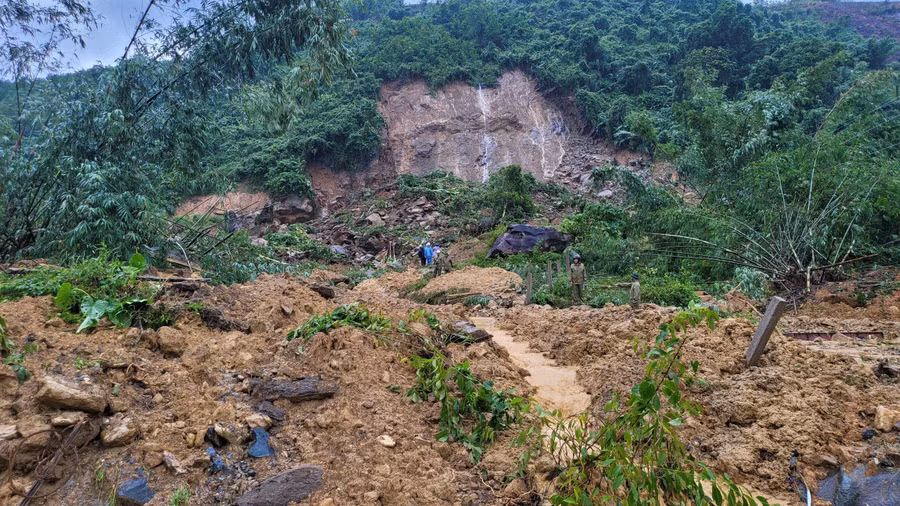 Hiện trường ngổn ngang đất đá, cây cối bị vùi lấp.