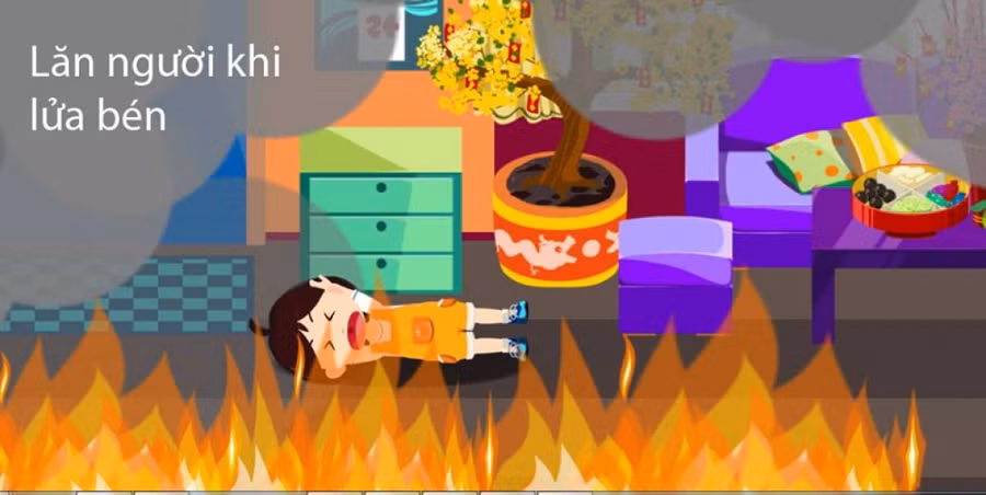  Nếu bị lửa làm cháy quần áo, phải ngưng chuyển động, che mặt, nằm xuống và lăn qua, lăn lại cho đến khi lửa được dập tắt. Không được chạy vì gió có thể làm lửa cháy bùng thêm. Không nhảy vào hồ bơi, bể chứa hay thùng nước vì nước có thể bị nấu sôi khi bị lửa tác động. 