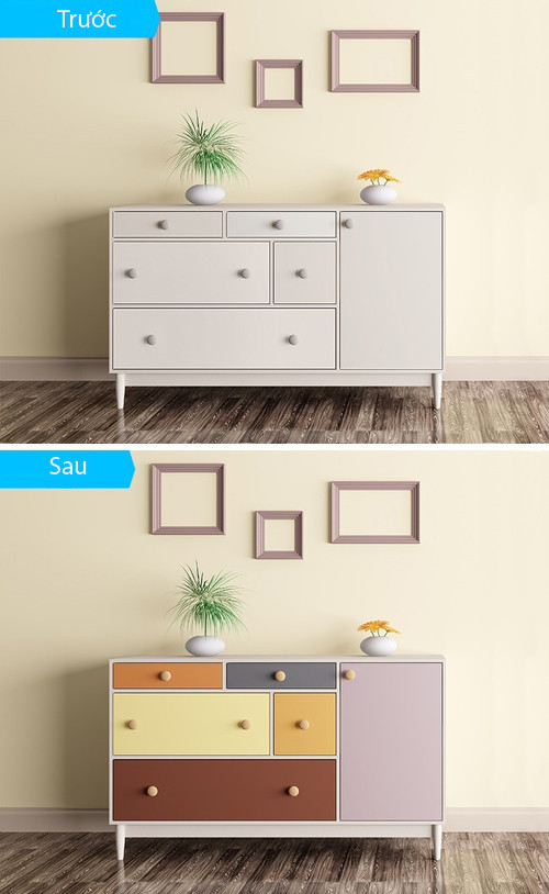 Trang trí những đồ vật bình thường. Đồ vật bình thường có thể trở thành điểm nhấn cho ngôi nhà nếu chúng có một chút thay đổi. Tủ đồ ở phòng khách được sơn lại với những màu sắc tươi sáng giúp khách tới nhà thấy ấn tượng hơn. Title10 Affordable Ways to Turn Your Home Into a Place Youll Love Coming Back to Every Day - 7