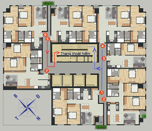 Khu chung cư trong hình đạt chuẩn khi có 7 hộ gia đình trên một tầng dùng chung 2 thang thoát hiểm. Khu chung cư trong hình đạt chuẩn khi có 7 hộ gia đình trên một tầng dùng chung 2 thang thoát hiểm.
