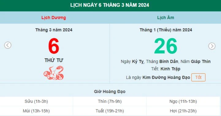 Lịch âm hôm nay - Xem lịch âm ngày 6/3