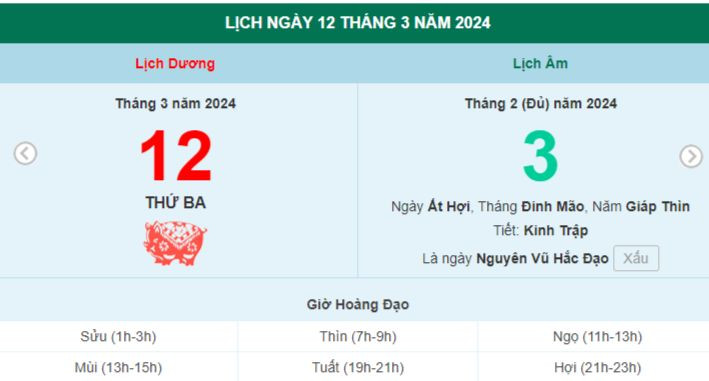 Lịch âm hôm nay - Xem lịch âm ngày 12/3