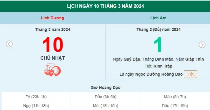 Lịch âm hôm nay - Xem lịch âm ngày 10/3