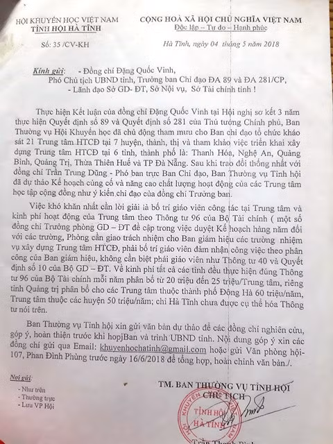 Hội khuyến học tỉnh Hà Tĩnh đã có nhiều văn bản gửi tỉnh.