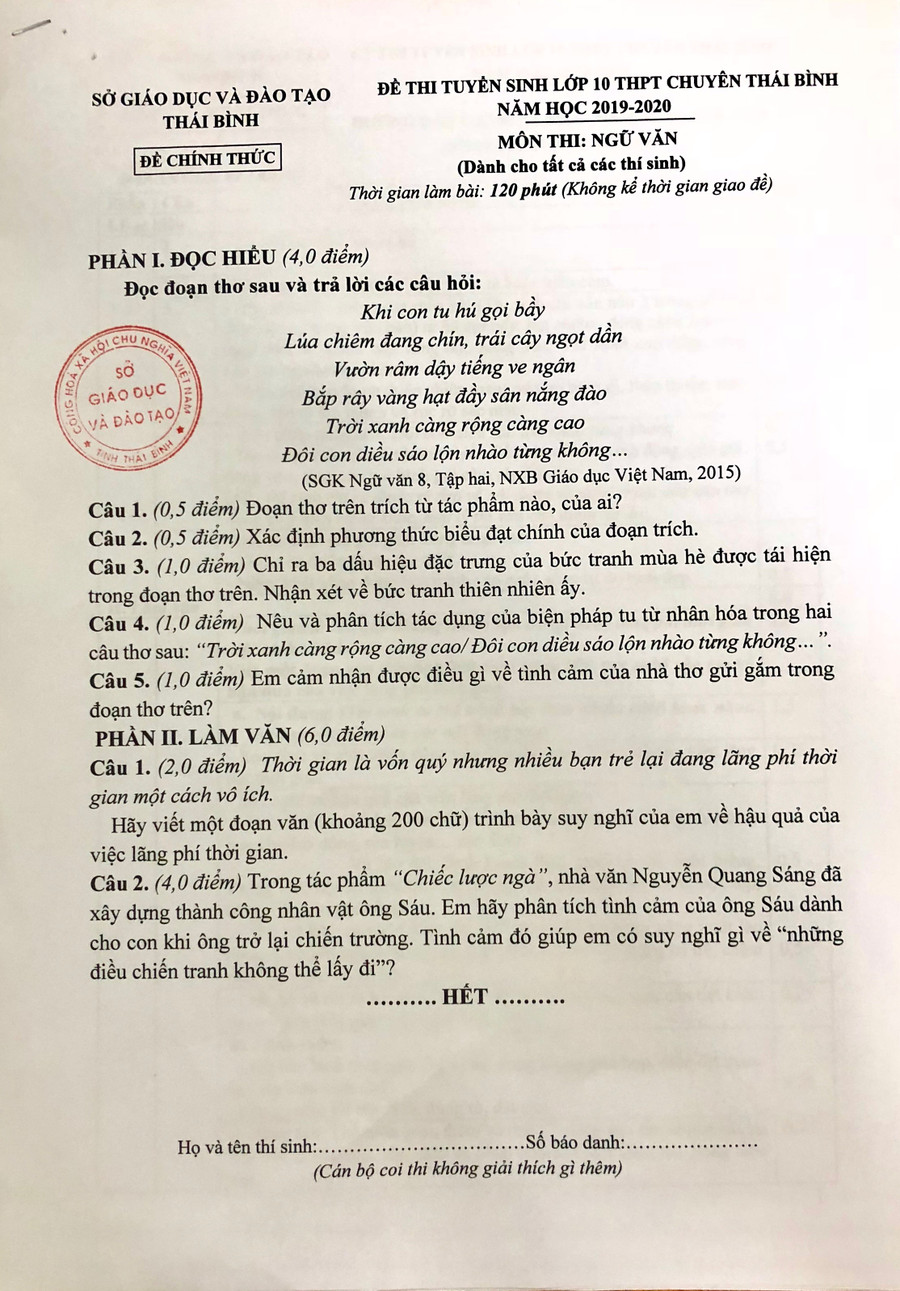 Đề th môn Ngữ văn dành cho tất cả thí sinh (đề thi chung)