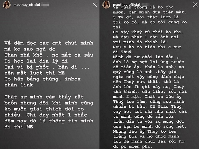 Dòng chia sẻ của Mâu Thủy đang tạo ra làn sóng dư luận. Dòng chia sẻ của Mâu Thủy đang tạo ra làn sóng dư luận.