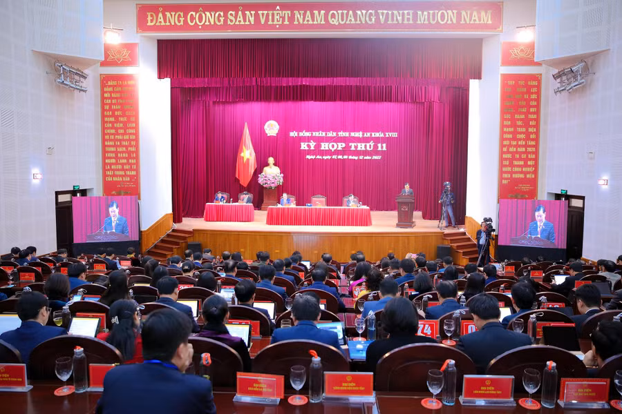 Toàn cảnh Kỳ họp thứ 11, HĐND tỉnh Nghệ An khóa XVIII, nhiệm kỳ 2021 - 2026.