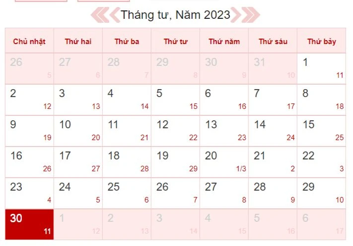 Xem lịch âm ngày 30/4/2023