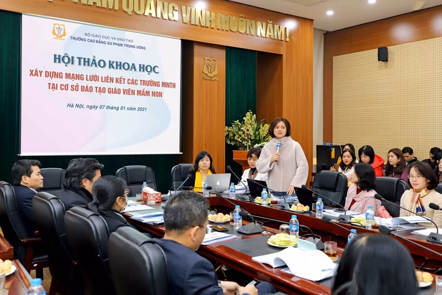 Tiến sĩ Cù Thị Thủy - Phó Vụ trưởng Vụ Giáo dục Mầm non chia sẻ tại Hội thảo