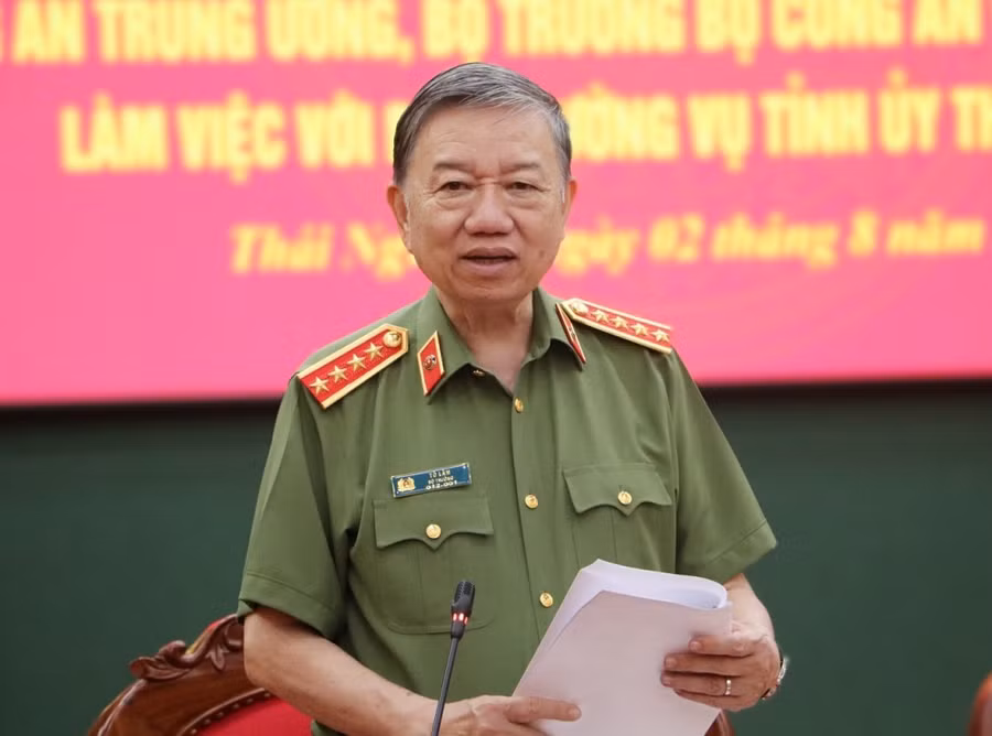 Đại tướng Tô Lâm, Uỷ viên Bộ Chính trị, Bí thư Đảng ủy Công an Trung ương, Bộ trưởng Bộ Công an phát biểu tại buổi làm việc.