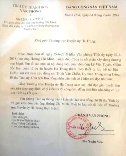 Công văn chỉ đạo của Bí thư tỉnh ủy Thanh Hóa.