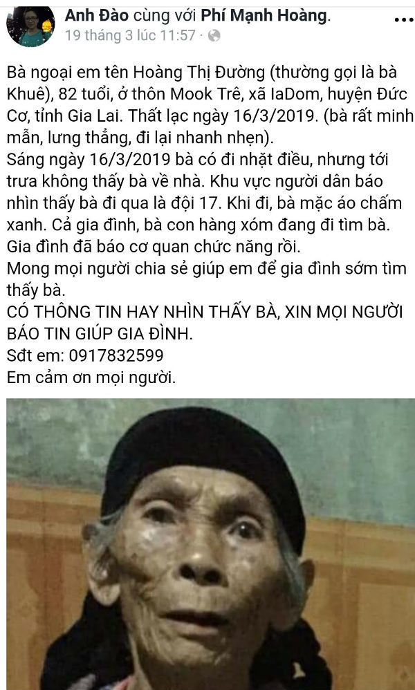 Gia Lai: Cụ bà mang theo nhiều tiền vàng mất tích, tìm thấy xác cách 10km ảnh 1 Cụ bà mang theo nhiều tiền vàng mất tích, tìm thấy xác cách 10km