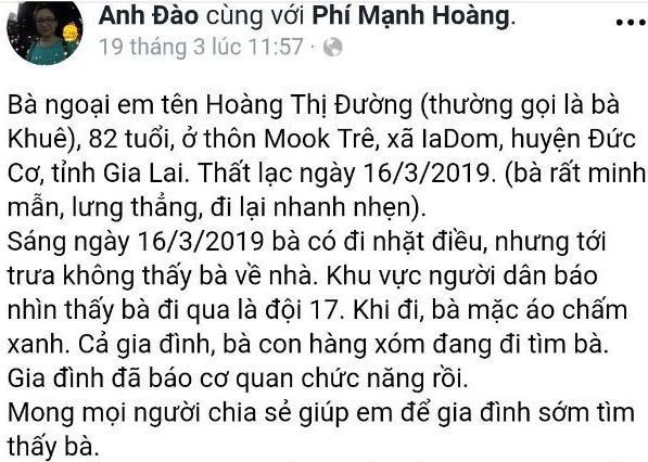 Gia Lai: Cụ bà mang theo nhiều tiền vàng mất tích, tìm thấy xác cách 10km