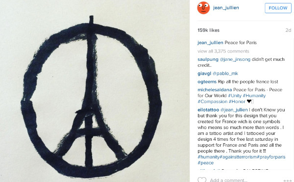 Hình vẽ "Peace for Paris" của Jean Jullien lan truyền khắp thế giới. nguon-goc-cua-hinh-ve-peace-for-paris-lan-truyen-khap-the-gioi