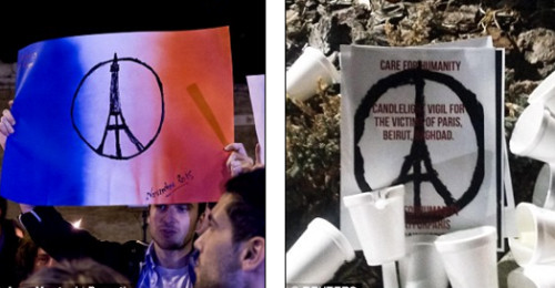 ... trên những tờ áp phích hay tấm bảng cầu nguyện cho những nạn nhân vụ thảm sát ở Paris. nguon-goc-cua-hinh-ve-peace-for-paris-lan-truyen-khap-the-gioi-5