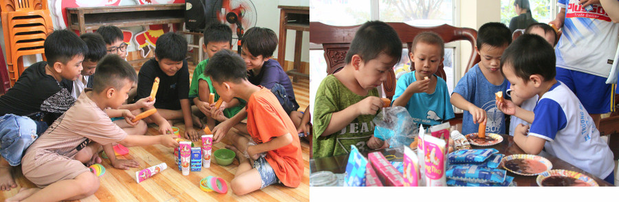 Buổi liên hoan 1/6 thêm rôm rả với những hộp sữa và món bánh mì chấm sữa được các bé vô cùng yêu thích