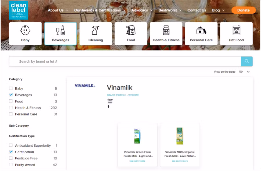 Vinamilk Green Farm&amp;Vinamilk 100% Organic là hai sản phẩm sữa tươi đầu tiên trên thế giới đạt được chứng nhận của tổ chức Clean Label Project từ Mỹ.