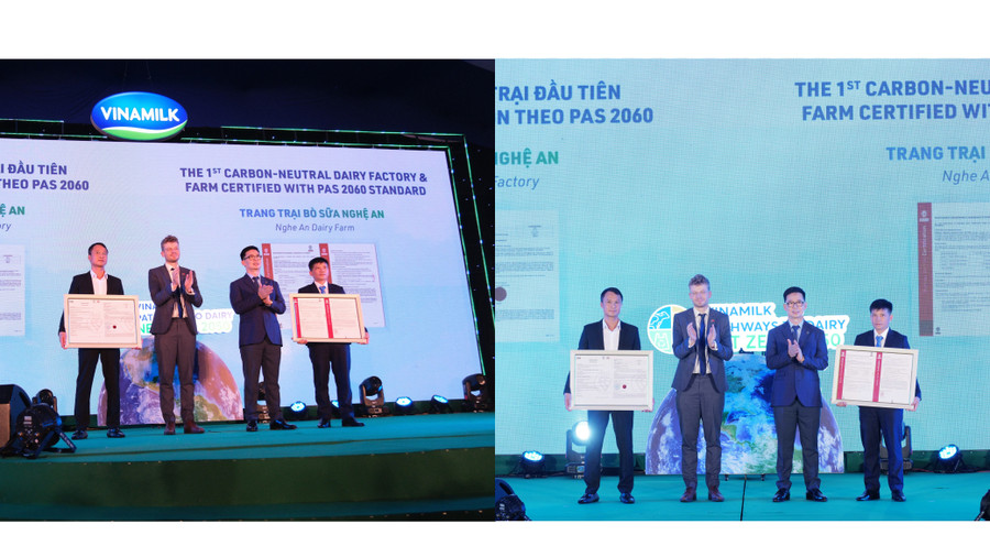 Đại diện các tổ chức quốc tế trao chứng nhận trung hòa carbon cho lãnh đạo nhà máy sữa và trang trại của Vinamilk tại Nghệ An. Đại diện các tổ chức quốc tế trao chứng nhận trung hòa carbon cho lãnh đạo nhà máy sữa và trang trại của Vinamilk tại Nghệ An.