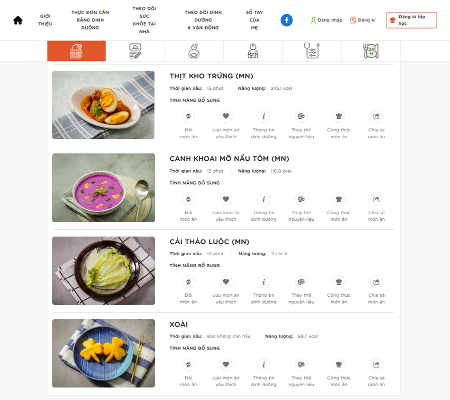 Phần mềm cung cấp hơn 2500 món ăn cho mẹ và bé tại địa chỉ website www.dinhduongmevabe.com.vn.