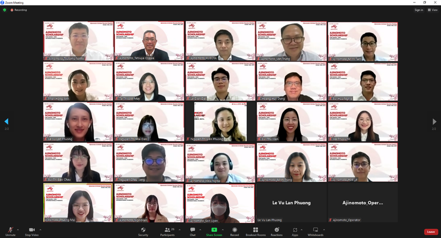 Buổi gặp gỡ giữa các sinh viên nhận được học bổng Ajinomoto ASEAN + ONE đã diễn ra bằng hình thức trực tuyến. Buổi gặp gỡ giữa các sinh viên nhận được học bổng Ajinomoto ASEAN + ONE đã diễn ra bằng hình thức trực tuyến.