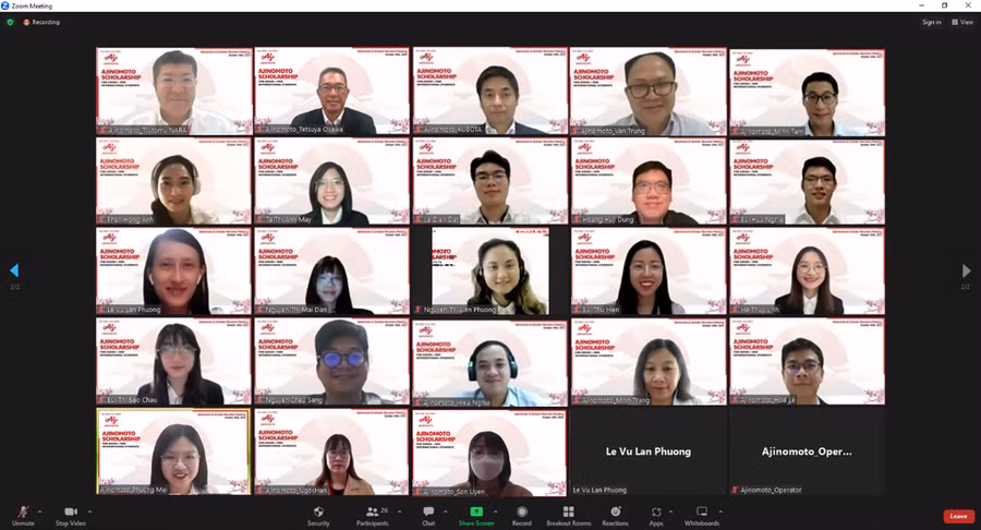 Buổi gặp gỡ giữa các sinh viên nhận được học bổng Ajinomoto ASEAN + ONE đã diễn ra bằng hình thức trực tuyến.
