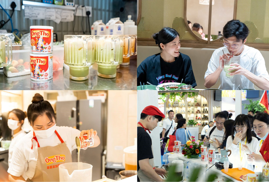 Sản phẩm sữa đặc Ông Thọ được dùng để pha chế đồ uống tại nhiều nhà hàng, quán trà sữa, quán cà phê tại Quảng Châu.