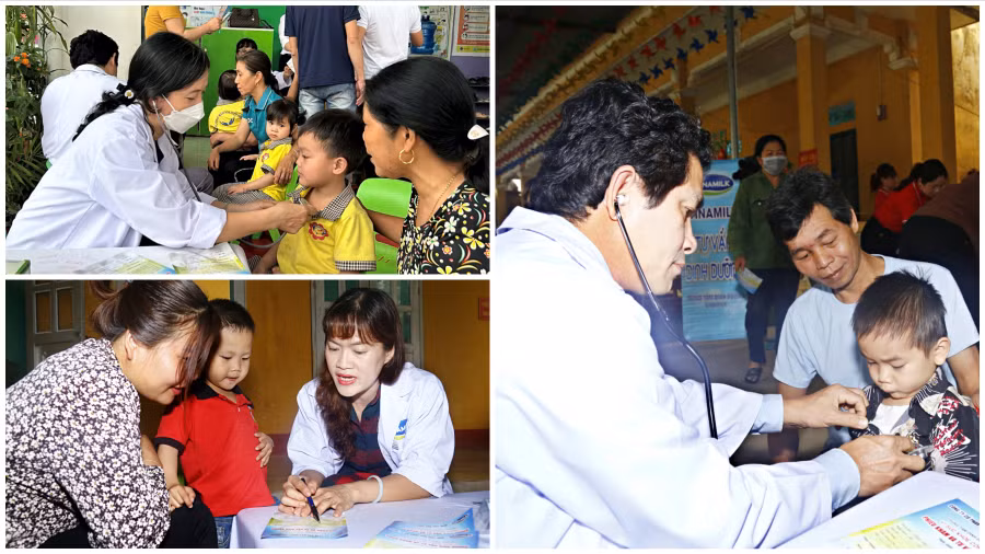 Đội ngũ bác sĩ Trung tâm Dinh dưỡng Vinamilk tận tình khám tổng quát, kiểm tra tình trạng thể chất, dinh dưỡng cho các trẻ em và tư vấn cho phụ huynh.