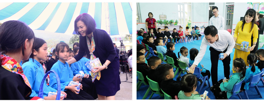 Đại diện Vinamilk trao sữa cho các em học sinh trường tiểu học Húc Động và mầm non Vô Ngại trên địa bàn huyện miền núi Bình Liêu, Quảng Ninh. Đại diện Vinamilk trao sữa cho các em học sinh trường tiểu học Húc Động và mầm non Vô Ngại trên địa bàn huyện miền núi Bình Liêu, Quảng Ninh.