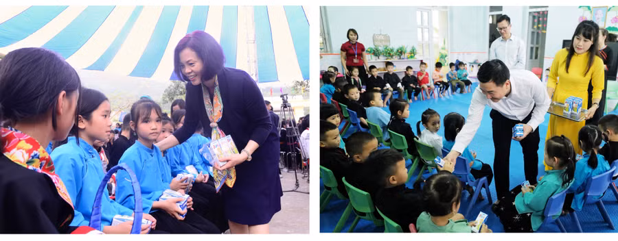 Đại diện Vinamilk trao sữa cho các em học sinh trường tiểu học Húc Động và mầm non Vô Ngại trên địa bàn huyện miền núi Bình Liêu, Quảng Ninh.