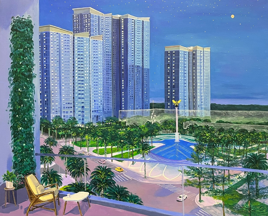 “Ban Công” - tranh acrylic trên toan của Vũ Hoàng. “Ban Công” - tranh acrylic trên toan của Vũ Hoàng.