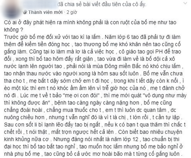 MXH dậy sóng với bi kịch của cô gái bị bố mẹ bạo hành từ nhỏ, đánh mắng suốt ngày, cuối cùng nhận ra mình chỉ là con nuôi - Ảnh 2. MXH dậy sóng với bi kịch của cô gái bị bố mẹ bạo hành từ nhỏ, đánh mắng suốt ngày, cuối cùng nhận ra mình chỉ là con nuôi - Ảnh 2.