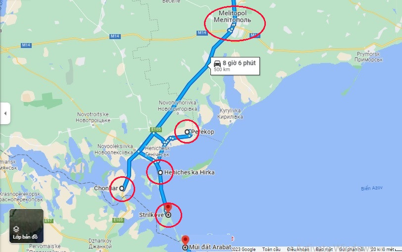 Vị trí của các điểm huyết mạch vận tải của Nga từ Crimea tới Zaporozhye và Kherson