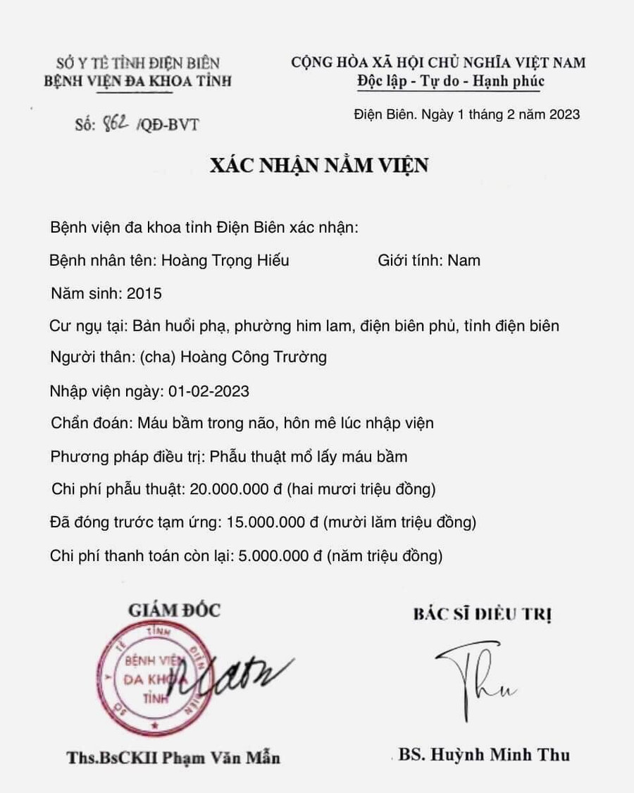 Giấy "xác nhận nằm viện" đăng tải kèm lời "kêu gọi từ thiện" được cho là giả mạo. (Ảnh: Phòng Công tác xã hội, Bệnh viện Đa khoa tỉnh Điện Biên). Giấy "xác nhận nằm viện" đăng tải kèm lời "kêu gọi từ thiện" được cho là giả mạo. (Ảnh: Phòng Công tác xã hội, Bệnh viện Đa khoa tỉnh Điện Biên).