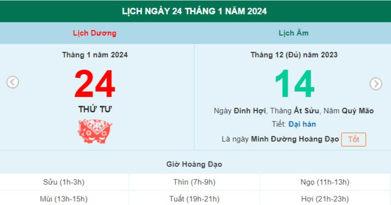 Lịch âm hôm nay - Xem lịch âm ngày 24/1