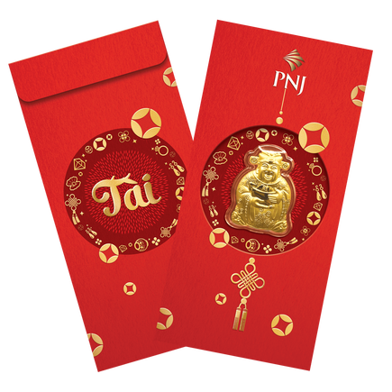 Bao lì xì vàng 24k được ghép trên mâm quả thờ Thần Tài để giúp mâm thờ thêm đẹp mắt, đồng thời thể hiện sự thành tâm của gia chủ.