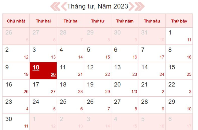 Xem lịch âm ngày 10/4/2023