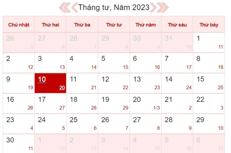 Xem lịch âm ngày 10/4/2023