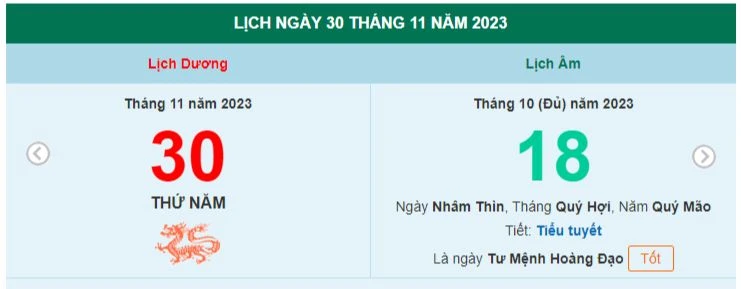 Lịch âm hôm nay - Xem lịch âm ngày 30/11/2023