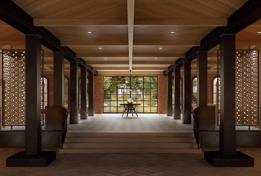 Tiền sảnh hướng ra khung cảnh sân vườn mang vẻ đẹp thiên nhiên. Noi