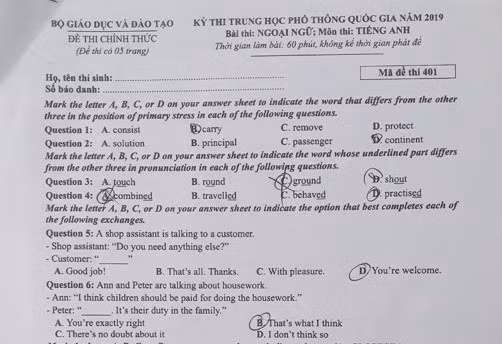 Đề và lời giải môn tiếng Anh kỳ thi THPT quốc gia 2019