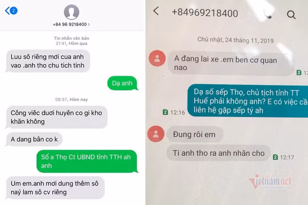 Tin nhắn mạo danh Chủ tịch tỉnh Thừa Thiên-Huế Phan Ngọc Thọ gửi cho lãnh đạo huyện (bìa trái) và nội dung tin nhắn trả lời PV