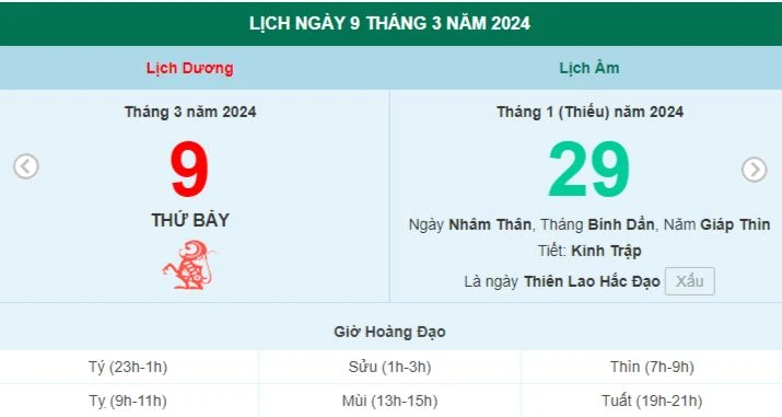 Lịch âm hôm nay - Xem lịch âm ngày 9/3