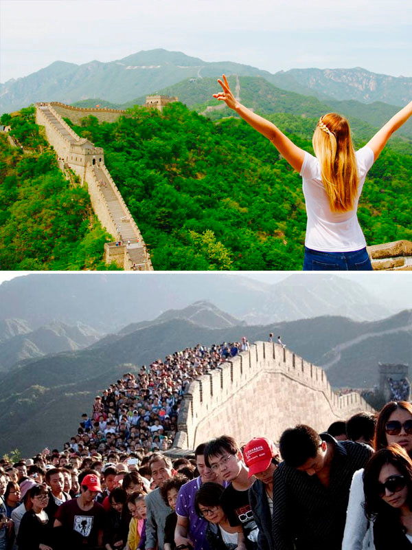 Hình ảnh mong ước của du khách trước khi đến Vạn Lý Trường Thành ở Trung Quốc. Và đây là thực tế. Sự đông đúc của du khách dến Vạn Lý Trường Thành khiến mơ ước của bạn trở thành nhiệm vụ bất khả thi