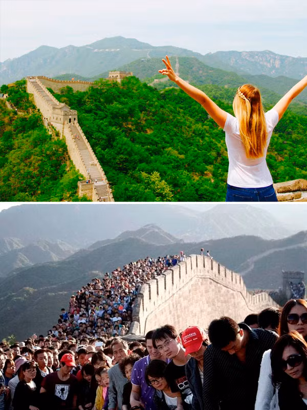 Hình ảnh mong ước của du khách trước khi đến Vạn Lý Trường Thành ở Trung Quốc. Và đây là thực tế. Sự đông đúc của du khách dến Vạn Lý Trường Thành khiến mơ ước của bạn trở thành nhiệm vụ bất khả thi