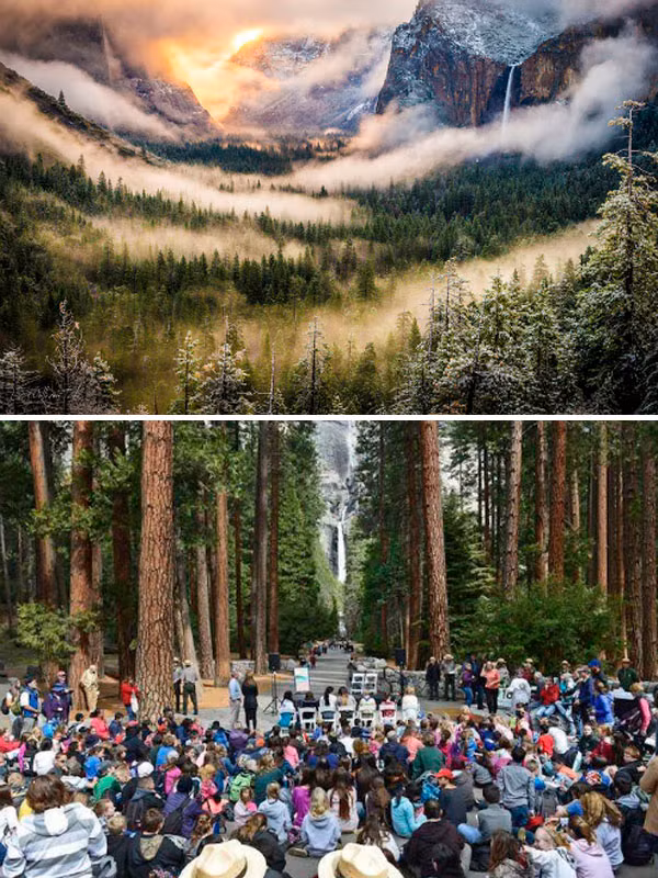 Hình ảnh công viên quốc gia Yosemite, Mỹ trong sương đã truyền cảm hứng khám phá cho hàng triệu trái tim. Và khi hàng triệu tâm hồn đồng điệu cùng gặp nhau tại Yosemite, khung cảnh sẽ trái ngược hoàn toàn với những tấm hình trên mạng
