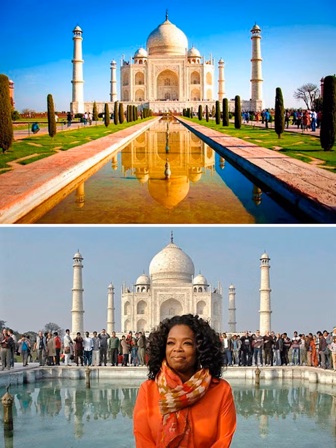 Đền Taj Mahal trong tưởng tượng của mọi du khách. Nhưng, ngay cả người dẫn chương trình Oprah Winfrey cũng không có một bức ảnh như mong đợi khi đến thăm kỳ quan này