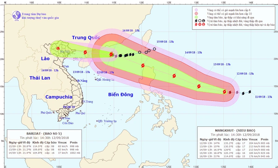 Dự báo vị trí và đường đi của Bão số 5 và Siêu bão Mangkhut. Ảnh Nchmf.gov.vn