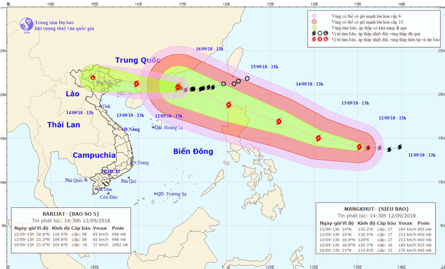 Dự báo vị trí và đường đi của Bão số 5 và Siêu bão Mangkhut. Ảnh Nchmf.gov.vn