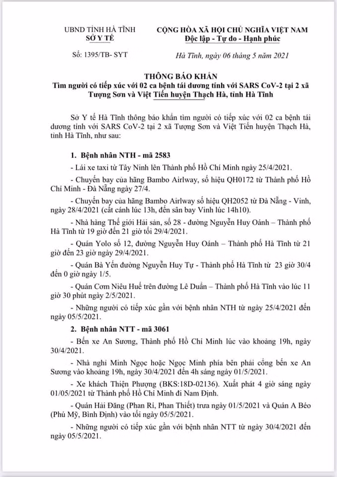 Văn bản Sở Y tế tìm người có tiếp xúc với 2 ca dương tính Covid - 19 tại Hà Tĩnh.
