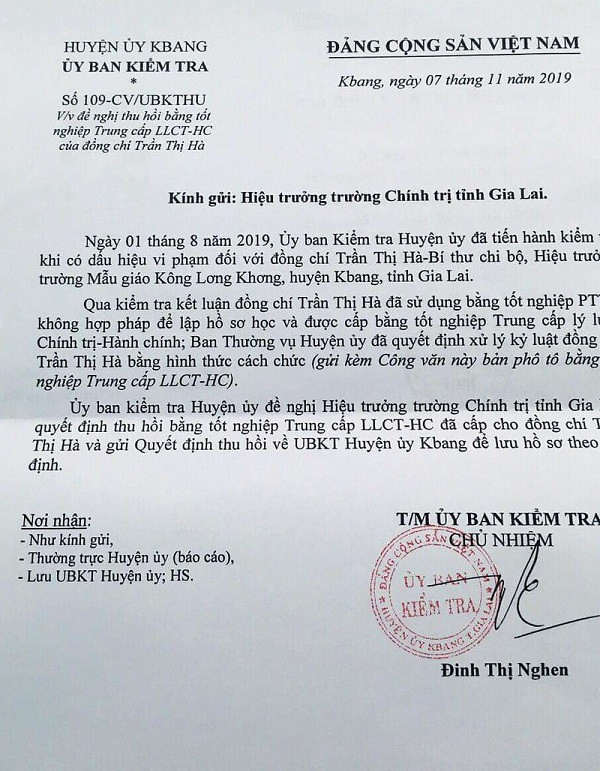 Công văn đề nghị thu hồi bằng Trung cấp LLCTHC của UBKT huyện ủy Kbang Công văn đề nghị thu hồi bằng Trung cấp LLCTHC của UBKT huyện ủy Kbang